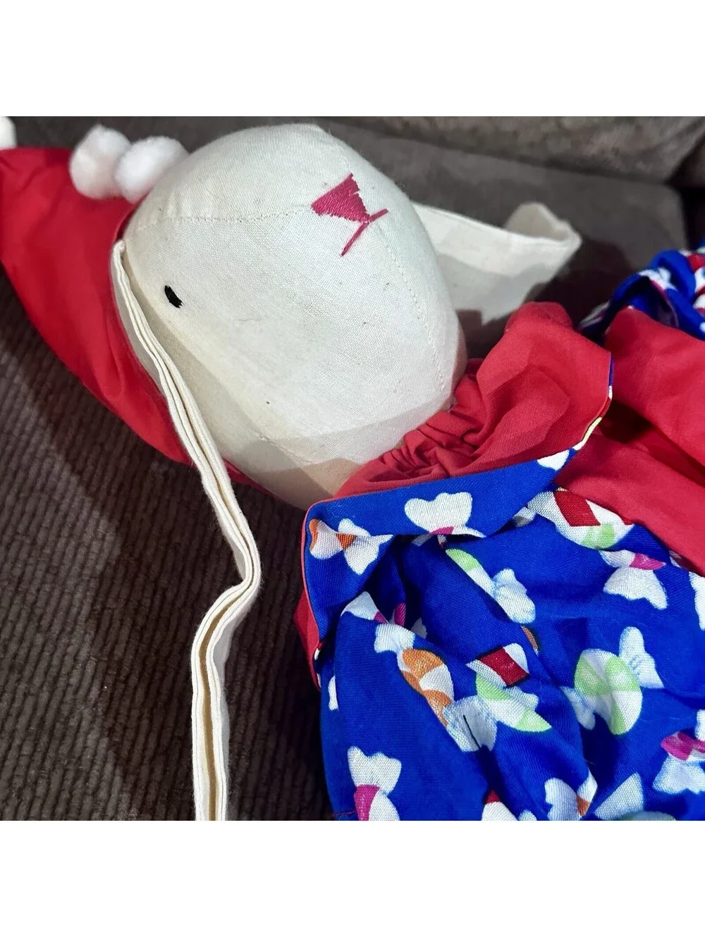 Vintage Floppy Ear Bunny Rabbit Stuffed Doll Christmas Fabric 14” Handmade CUTE!